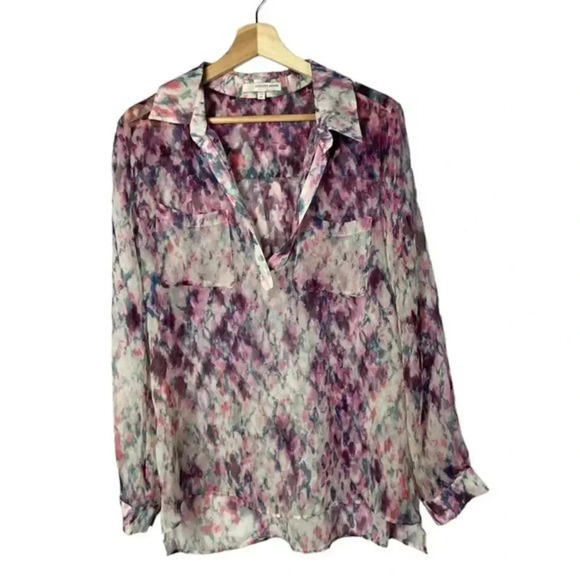 Lavender Brown Purple Printed Silk Popover Long Sleeve Blouse M - Picture 1 of 3